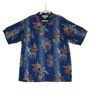 TOMMY BAHAMA Floral Silk Shirt Mens M Blue Short Sleeve Coastal Hawaiian Beach